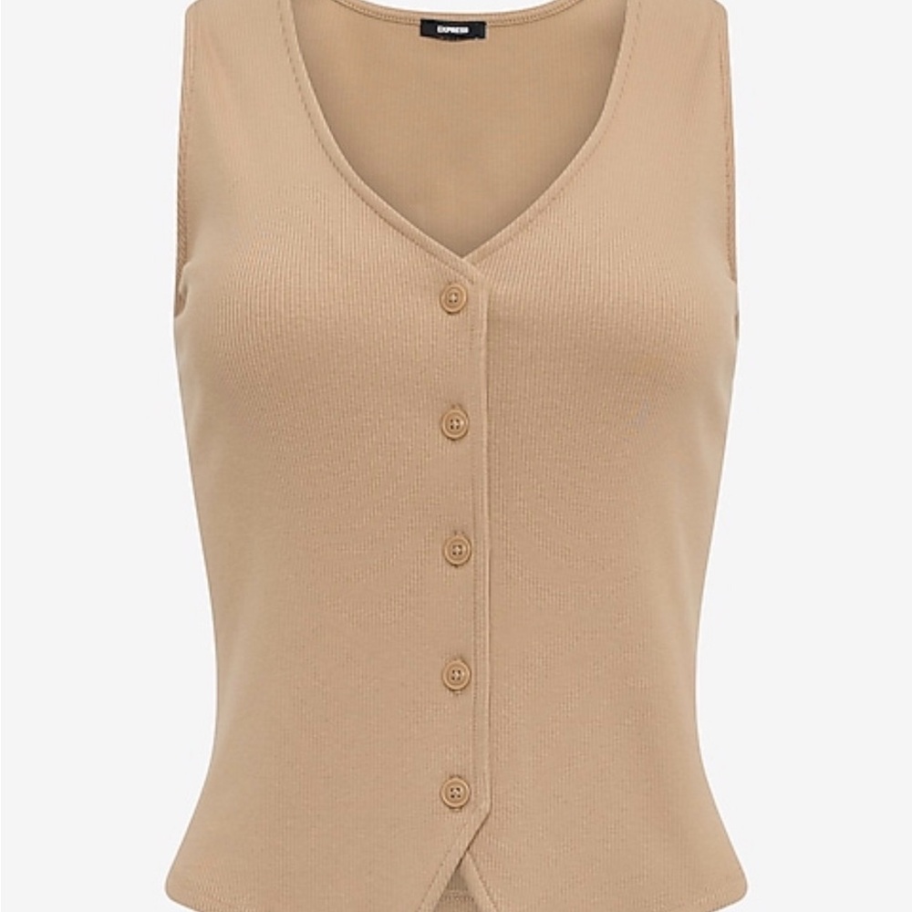 Express Beige Button-Front Ribbed Tank - Picture 2 of 8